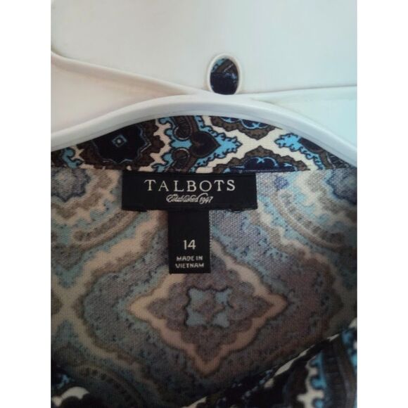 Talbots Navy Blue & Brown Ikat Tapestry Print Jersey Knit  Midi Shirt Dress 14 - Picture 5 of 7